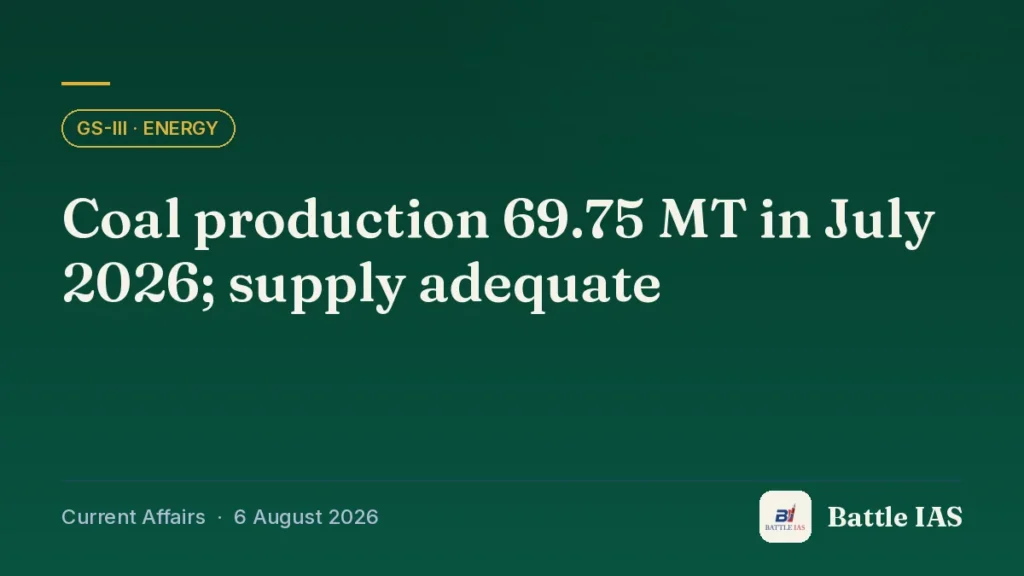 Battle IAS current affairs title card: Coal production 69.75 MT in July 2026; supply adequate (GS3 · Energy, 6 August 2026)