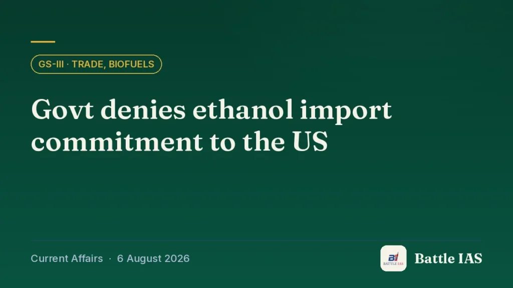 Battle IAS current affairs title card: Govt denies ethanol import commitment to the US (GS3 · Trade, biofuels, 6 August 2026)