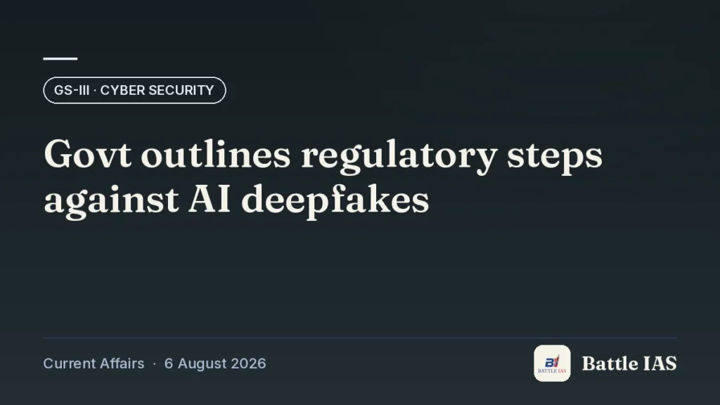 Battle IAS current affairs title card: Govt outlines regulatory steps against AI deepfakes (GS3 · Cyber security, 6 August 2026)