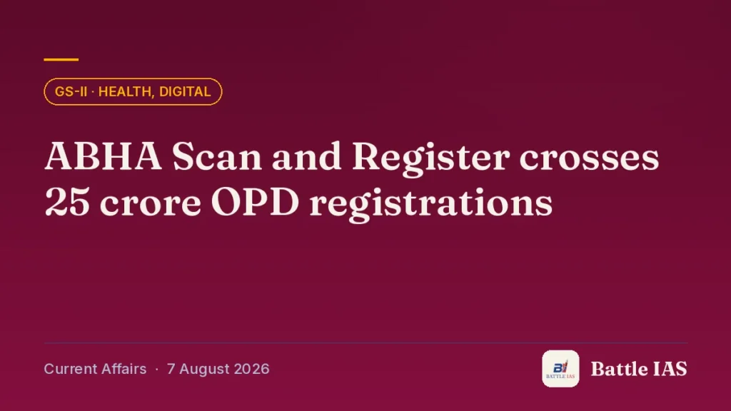 Battle IAS current affairs title card: ABHA Scan and Register crosses 25 crore OPD registrations (GS2 · Health, digital, 7 August 2026)