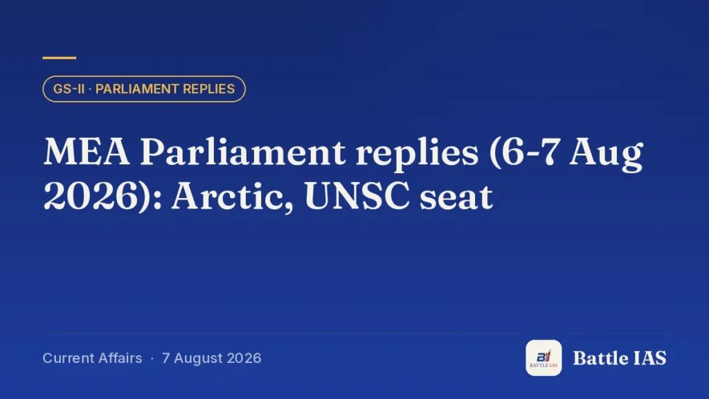 Battle IAS current affairs title card: MEA Parliament replies (6-7 Aug 2026): Arctic, UNSC seat (GS2 · Parliament replies, 7 August 2026)