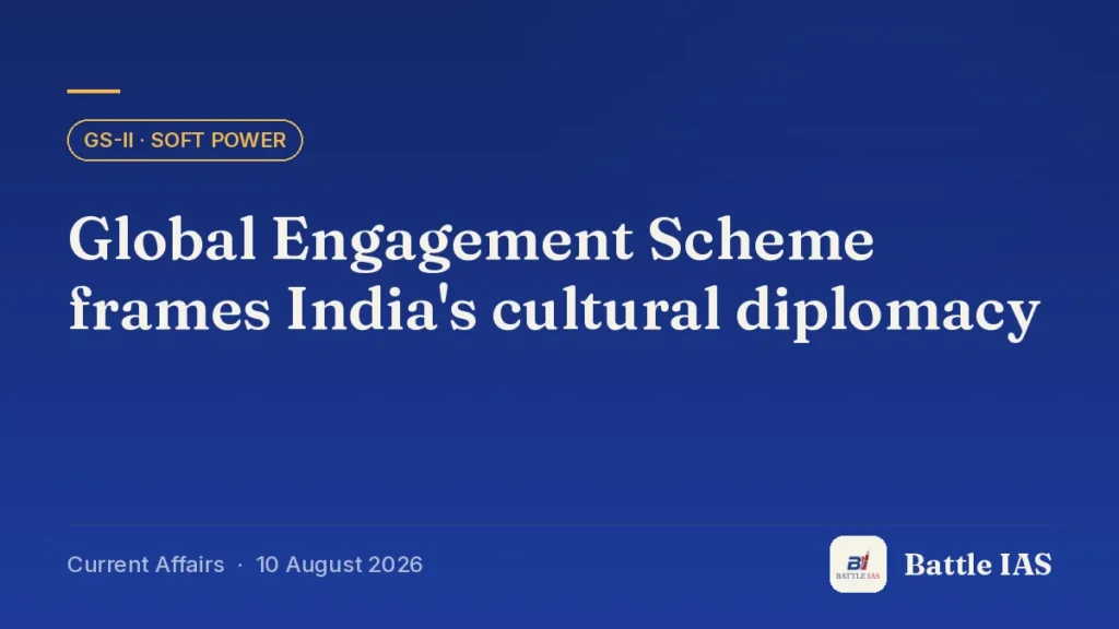 Battle IAS current affairs title card: Global Engagement Scheme frames India's cultural diplomacy (GS2 · Soft power, 10 August 2026)