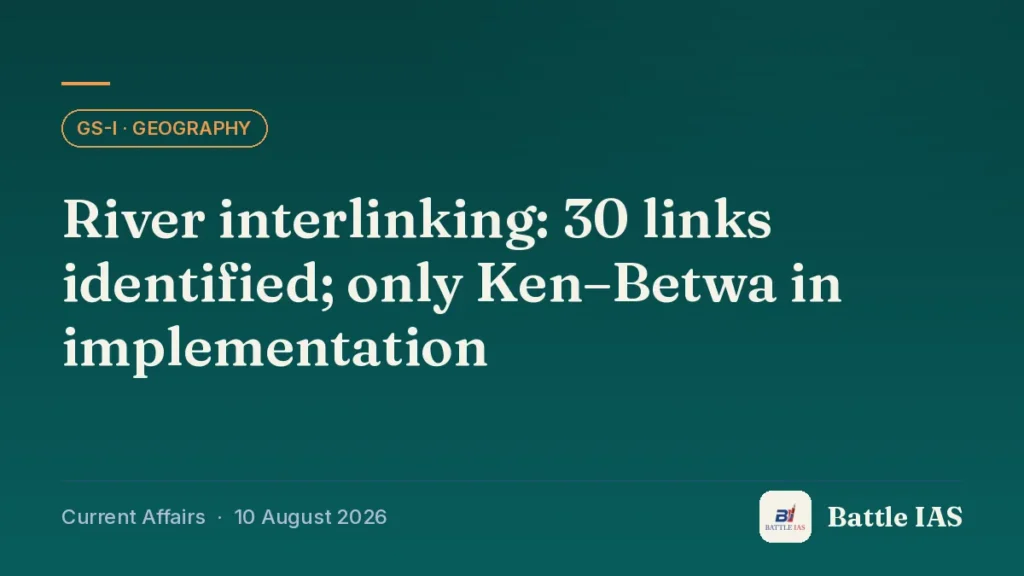 Battle IAS current affairs title card: River interlinking: 30 links identified; only Ken–Betwa in implementation (GS1 · Geography, 10 August 2026)