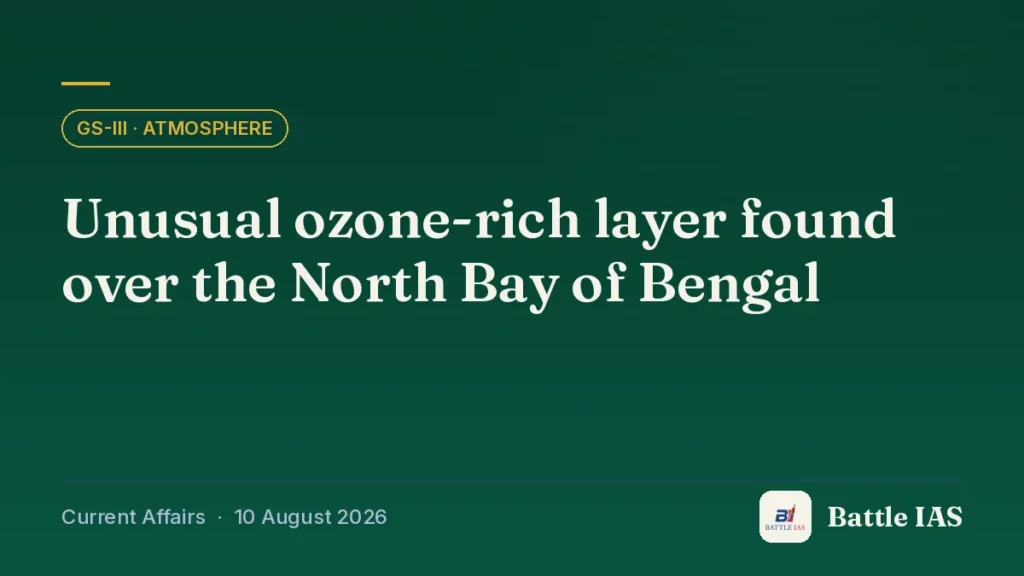 Battle IAS current affairs title card: Unusual ozone-rich layer found over the North Bay of Bengal (GS3 · Atmosphere, 10 August 2026)