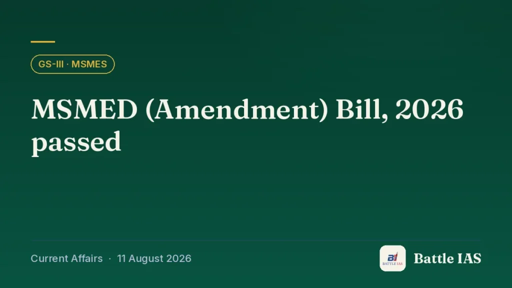 Battle IAS current affairs title card: MSMED (Amendment) Bill, 2026 passed (GS3 · MSMEs, 11 August 2026)