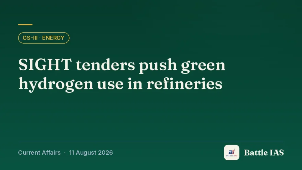 Battle IAS current affairs title card: SIGHT tenders push green hydrogen use in refineries (GS3 · Energy, 11 August 2026)