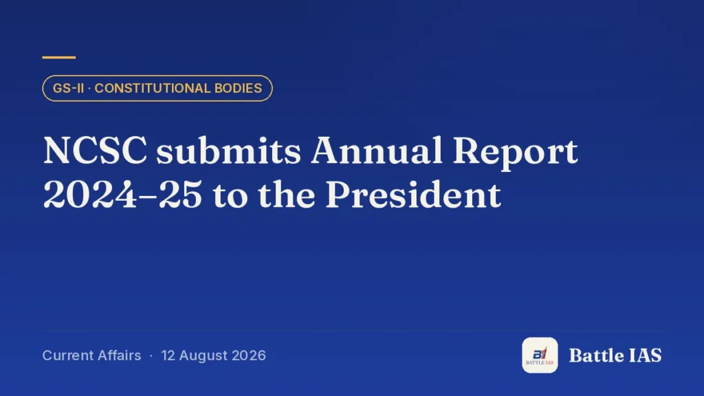 Battle IAS current affairs title card: NCSC submits Annual Report 2024–25 to the President (GS2 · Constitutional bodies, 12 August 2026)