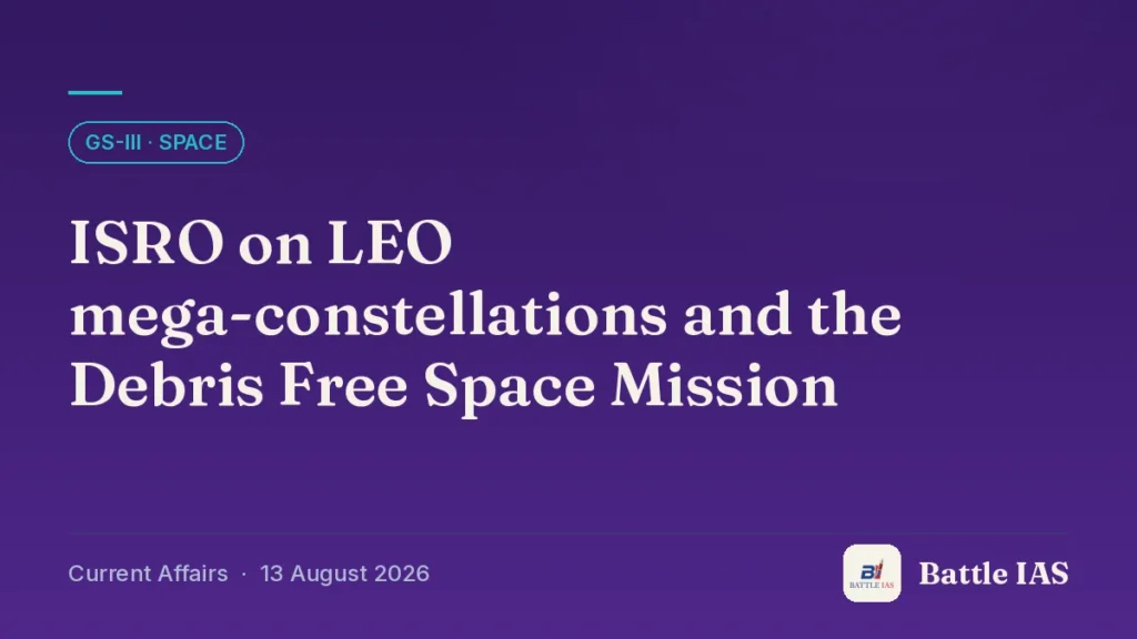 Battle IAS current affairs title card: ISRO on LEO mega-constellations and the Debris Free Space Mission (GS3 · Space, 13 August 2026)