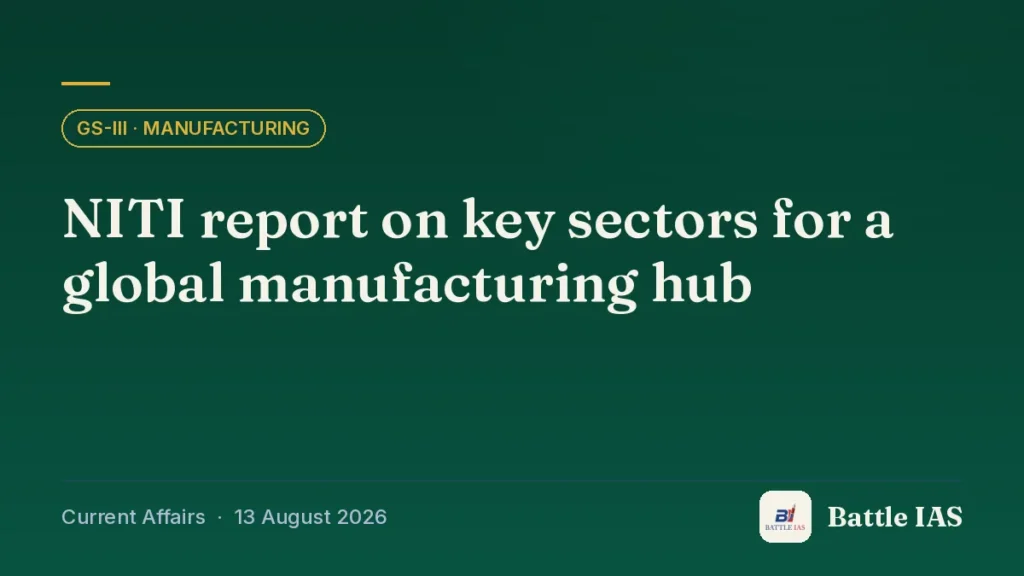 Battle IAS current affairs title card: NITI report on key sectors for a global manufacturing hub (GS3 · Manufacturing, 13 August 2026)