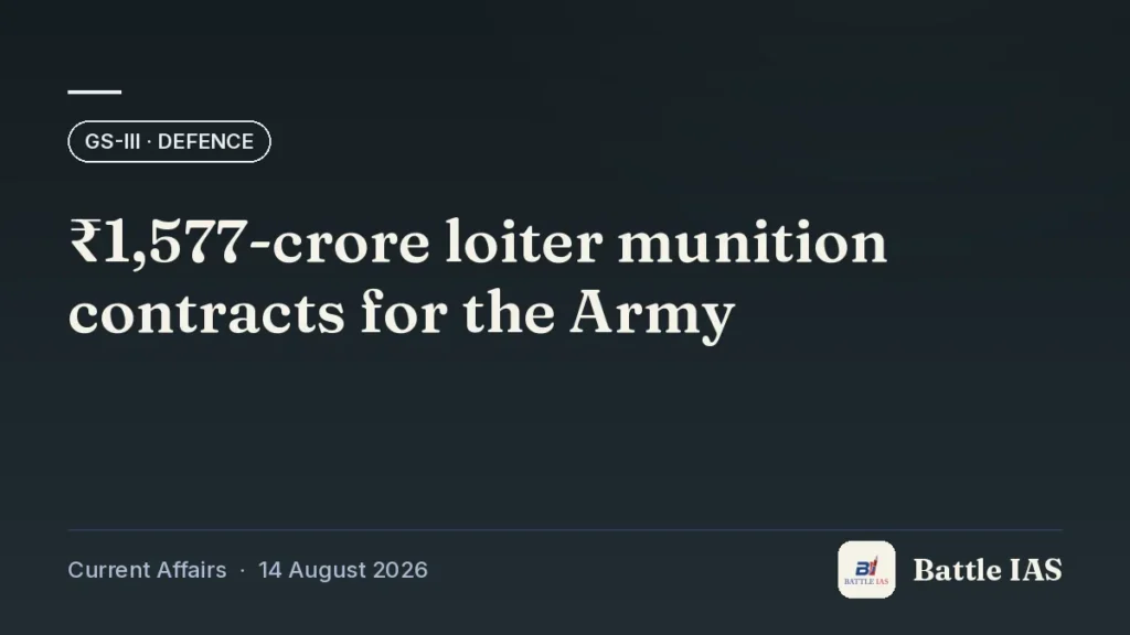 Battle IAS current affairs title card: ₹1,577-crore loiter munition contracts for the Army (GS3 · Defence, 14 August 2026)