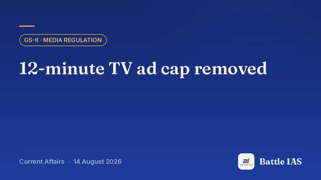 Battle IAS current affairs title card: 12-minute TV ad cap removed (GS2 · Media regulation, 14 August 2026)