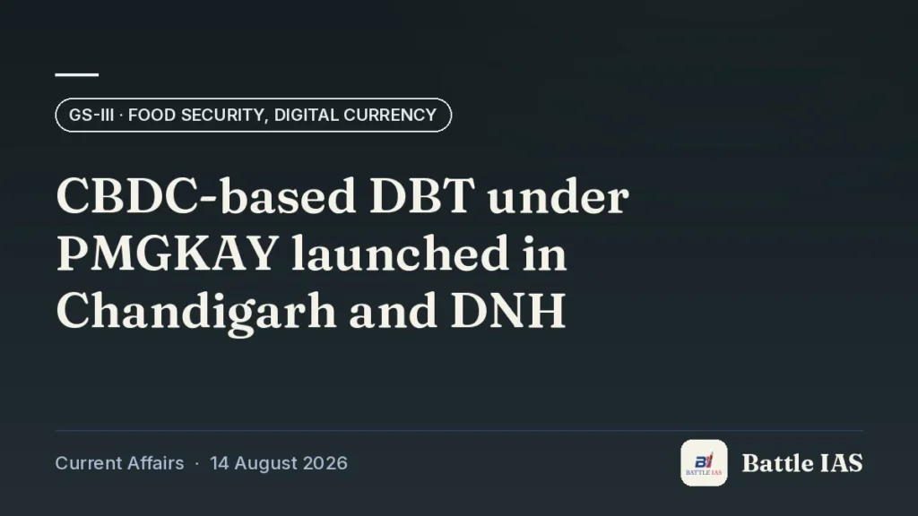 Battle IAS current affairs title card: CBDC-based DBT under PMGKAY launched in Chandigarh and DNH (GS3 · Food security, digital currency, 14 August 2026)