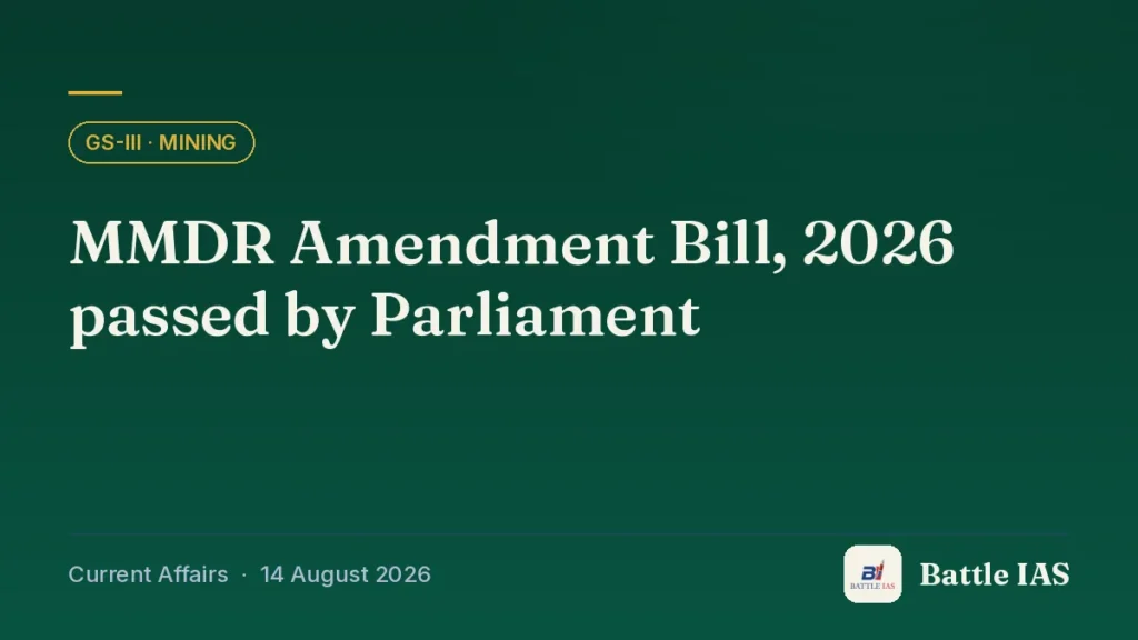 Battle IAS current affairs title card: MMDR Amendment Bill, 2026 passed by Parliament (GS3 · Mining, 14 August 2026)