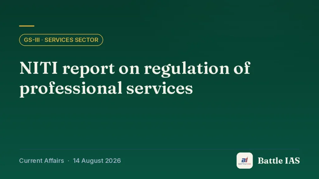 Battle IAS current affairs title card: NITI report on regulation of professional services (GS3 · Services sector, 14 August 2026)