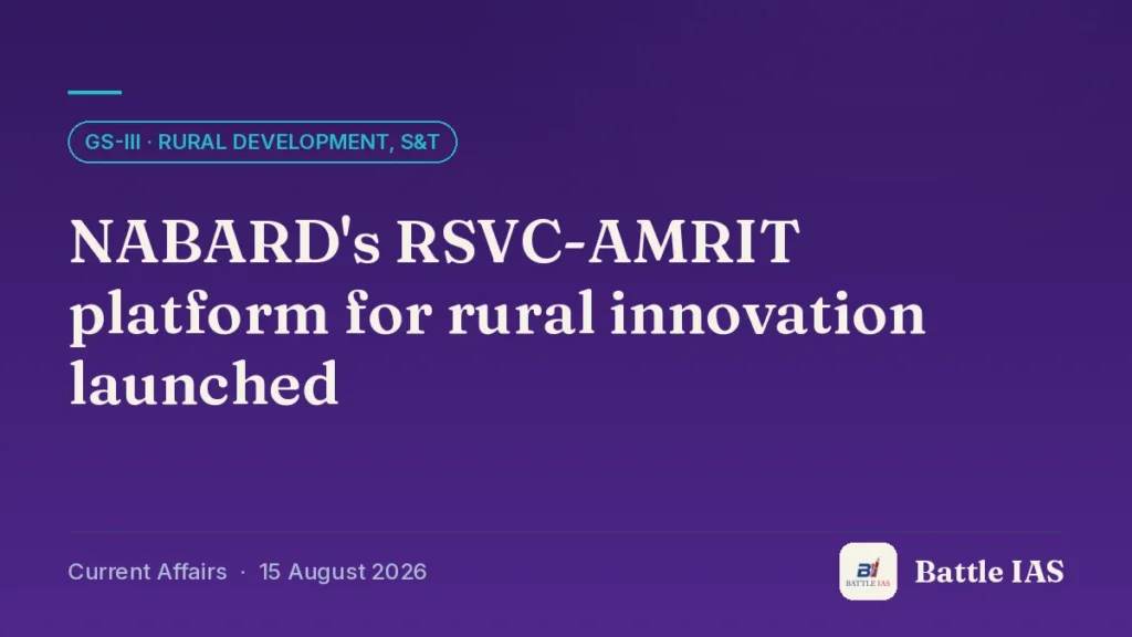 Battle IAS current affairs title card: NABARD's RSVC-AMRIT platform for rural innovation launched (GS3 · Rural development, S&T, 15 August 2026)