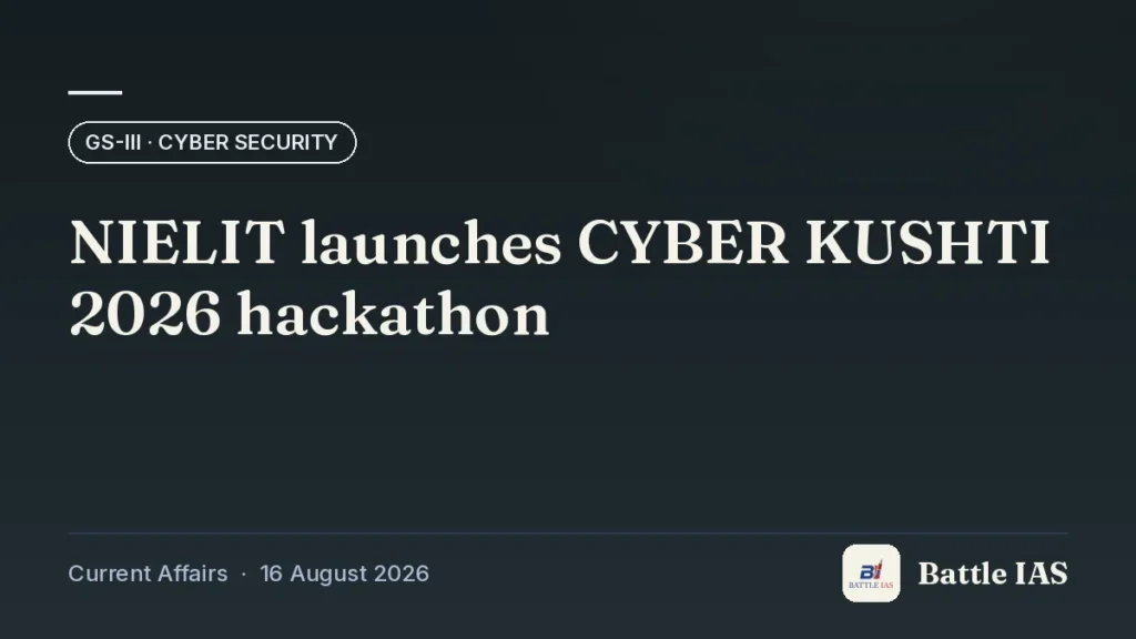 Battle IAS current affairs title card: NIELIT launches CYBER KUSHTI 2026 hackathon (GS3 · Cyber security, 16 August 2026)