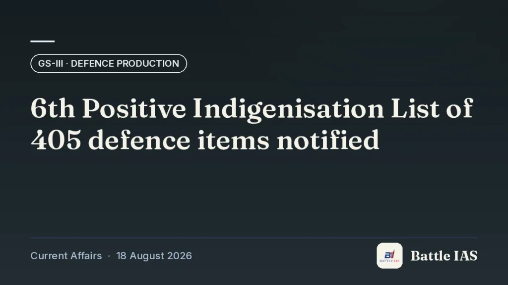 Battle IAS current affairs title card: 6th Positive Indigenisation List of 405 defence items notified (GS3 · Defence production, 18 August 2026)