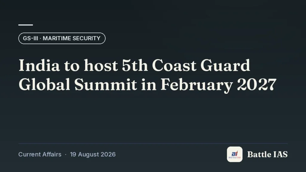 Battle IAS current affairs title card: India to host 5th Coast Guard Global Summit in February 2027 (GS3 · Maritime security, 19 August 2026)