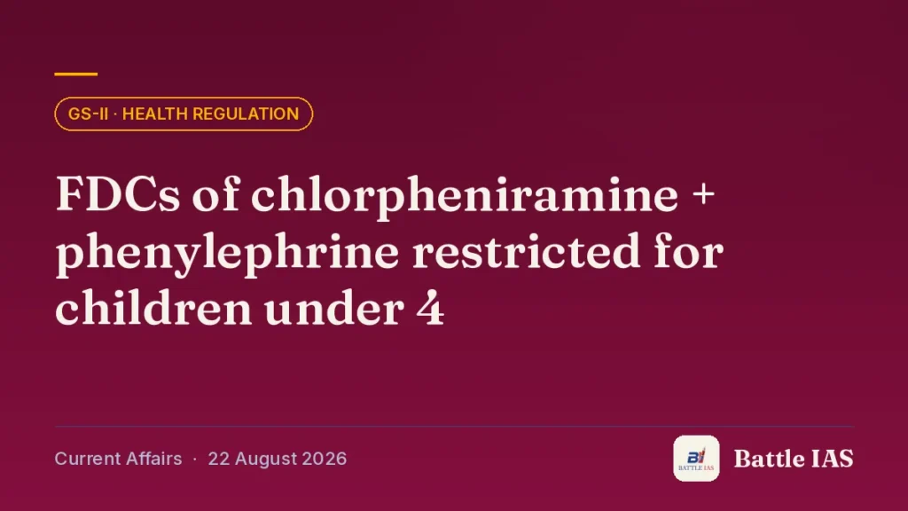Battle IAS current affairs title card: FDCs of chlorpheniramine + phenylephrine restricted for children under 4 (GS2 · Health regulation, 22 August 2026)