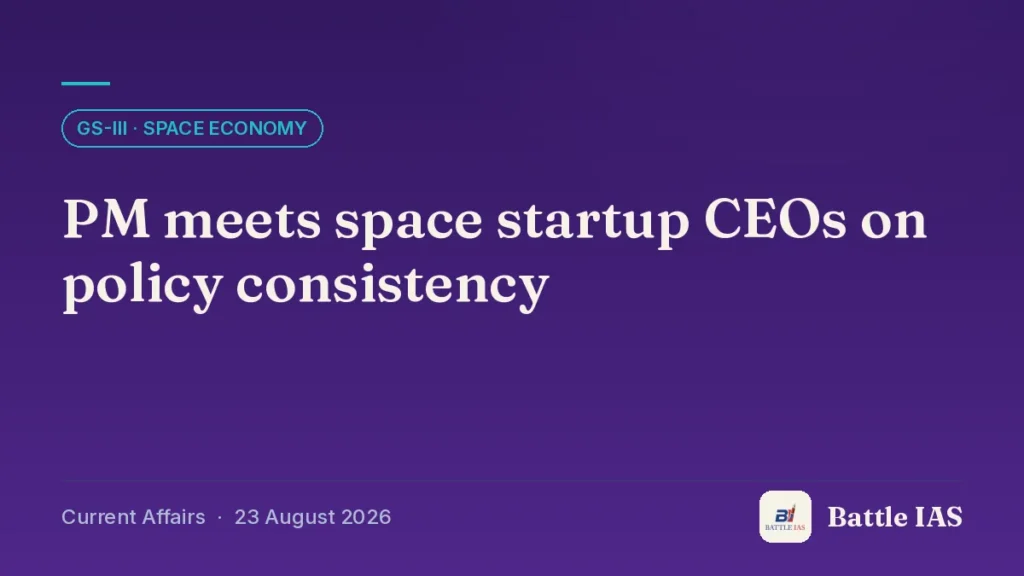 Battle IAS current affairs title card: PM meets space startup CEOs on policy consistency (GS3 · Space economy, 23 August 2026)