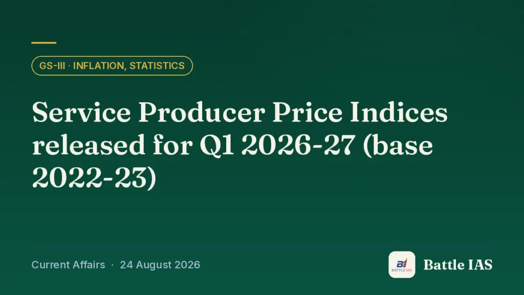 Battle IAS current affairs title card: Service Producer Price Indices released for Q1 2026-27 (base 2022-23) (GS3 · Inflation, statistics, 24 August 2026)