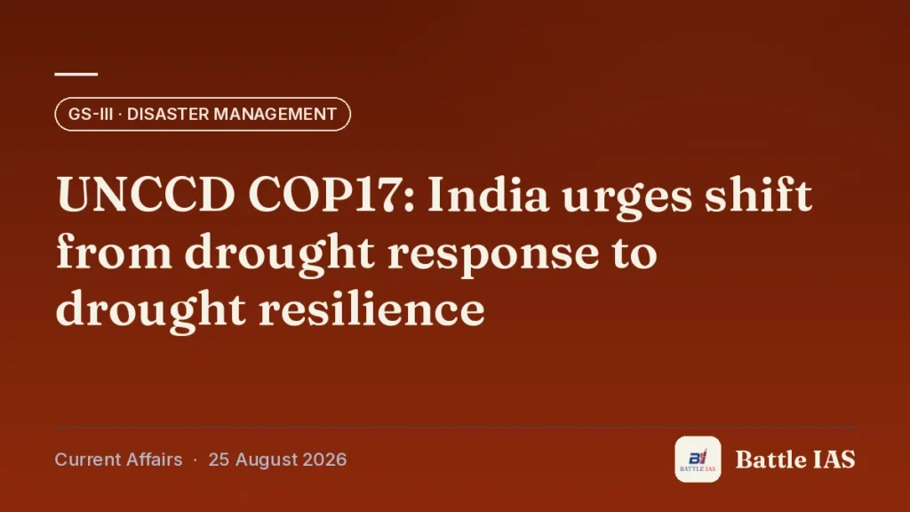 Battle IAS current affairs title card: UNCCD COP17: India urges shift from drought response to drought resilience (GS3 · Disaster management, 25 August 2026)