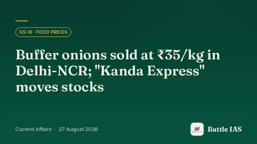 Battle IAS current affairs title card: Buffer onions sold at ₹35/kg in Delhi-NCR; "Kanda Express" moves stocks (GS3 · Food prices, 27 August 2026)
