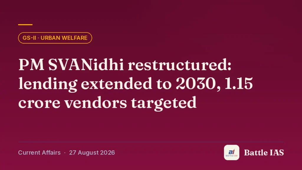 Battle IAS current affairs title card: PM SVANidhi restructured: lending extended to 2030, 1.15 crore vendors targeted (GS2 · Urban welfare, 27 August 2026)