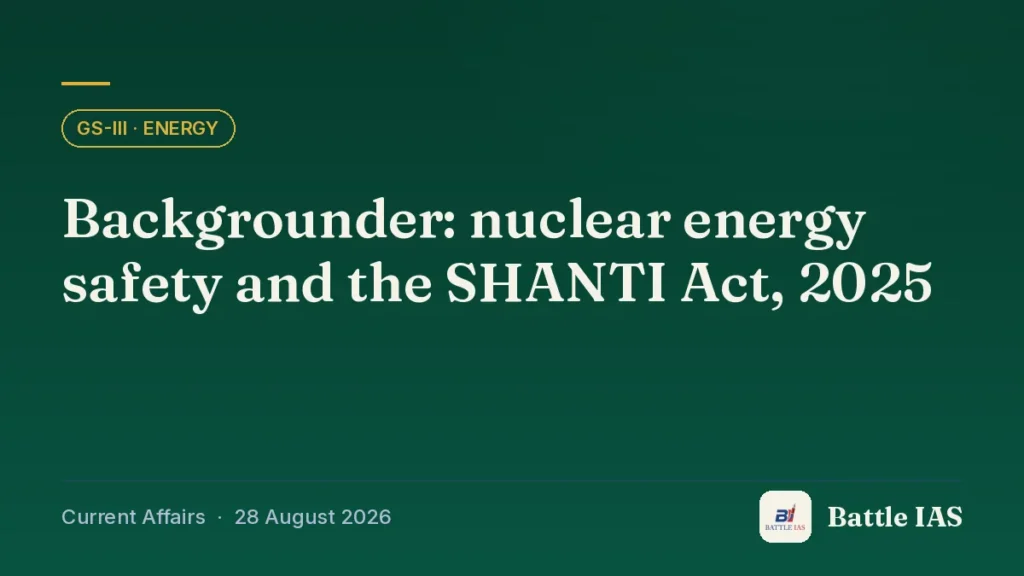 Battle IAS current affairs title card: Backgrounder: nuclear energy safety and the SHANTI Act, 2025 (GS3 · Energy, 28 August 2026)