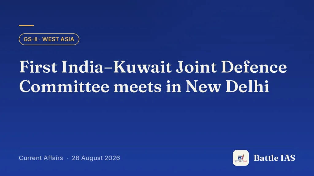 Battle IAS current affairs title card: First India–Kuwait Joint Defence Committee meets in New Delhi (GS2 · West Asia, 28 August 2026)