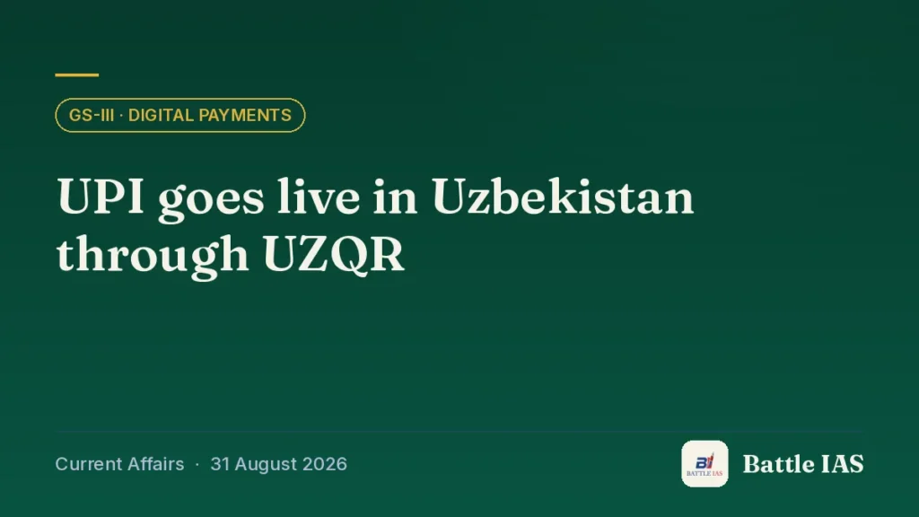 Battle IAS current affairs title card: UPI goes live in Uzbekistan through UZQR (GS3 · Digital payments, 31 August 2026)