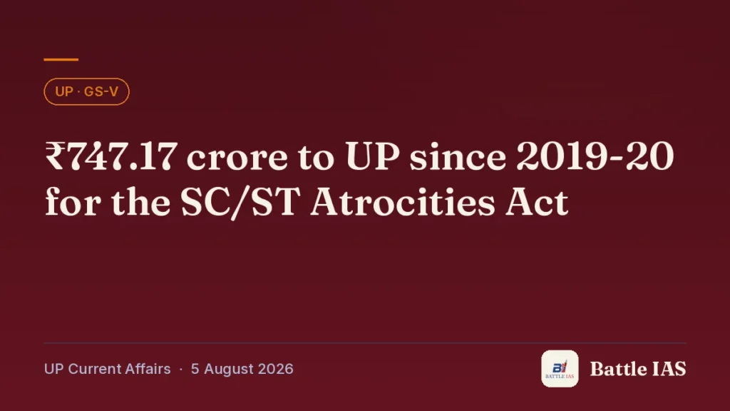 Battle IAS UP current affairs title card: ₹747.17 crore to UP since 2019-20 for the SC/ST Atrocities Act (, 5 August 2026)