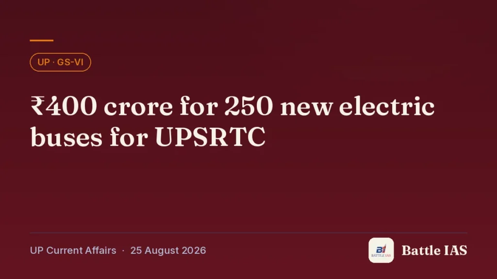 Battle IAS UP current affairs title card: ₹400 crore for 250 new electric buses for UPSRTC (, 25 August 2026)