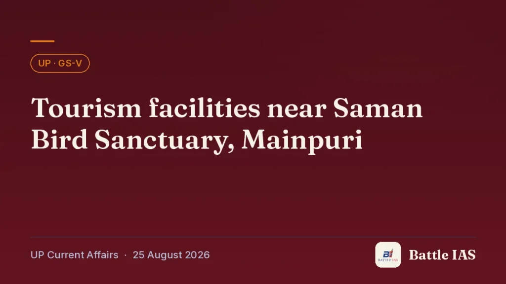 Battle IAS UP current affairs title card: Tourism facilities near Saman Bird Sanctuary, Mainpuri (, 25 August 2026)