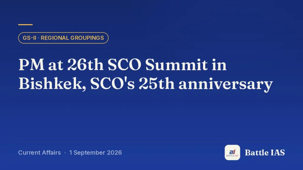 Battle IAS current affairs title card: PM at 26th SCO Summit in Bishkek, SCO's 25th anniversary (GS2 · Regional groupings, 1 September 2026)