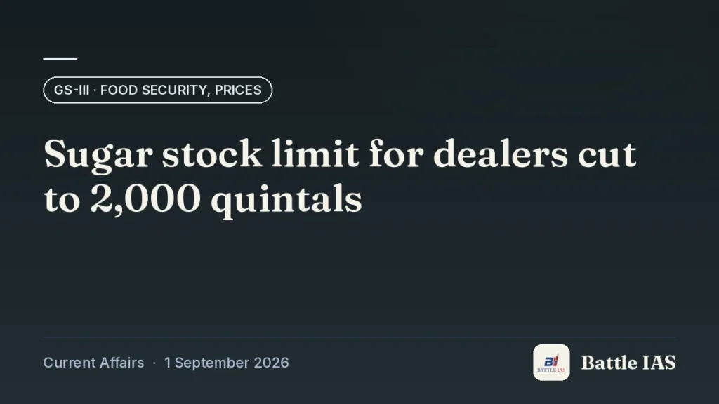 Battle IAS current affairs title card: Sugar stock limit for dealers cut to 2,000 quintals (GS3 · Food security, prices, 1 September 2026)
