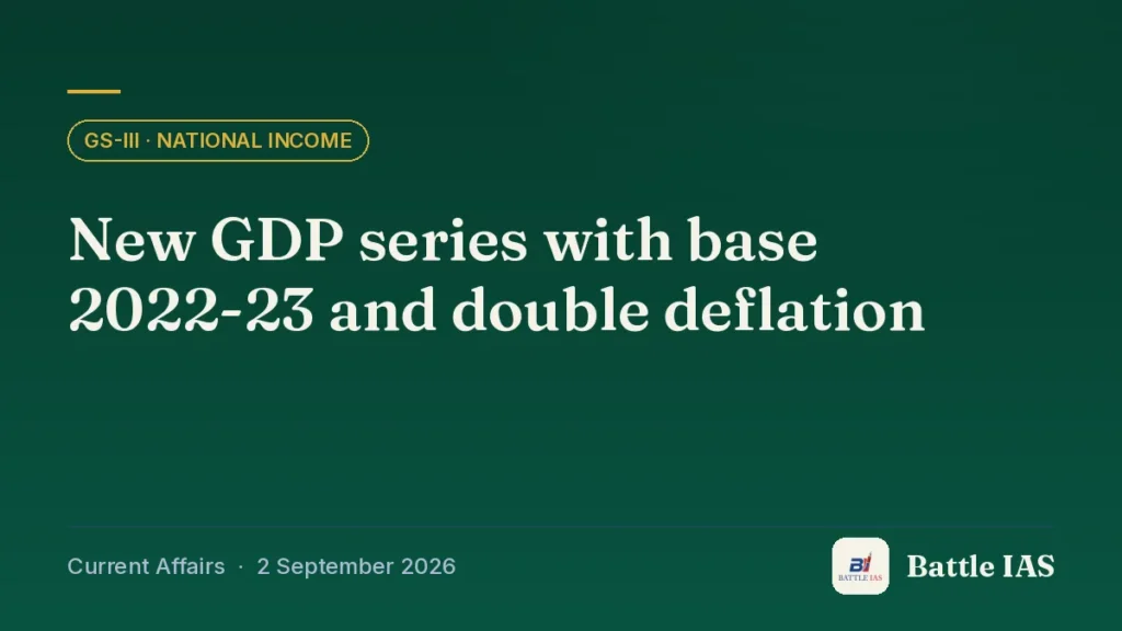 Battle IAS current affairs title card: New GDP series with base 2022-23 and double deflation (GS3 · National income, 2 September 2026)