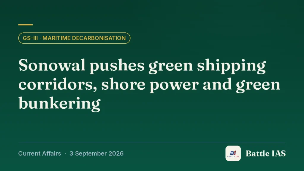 Battle IAS current affairs title card: Sonowal pushes green shipping corridors, shore power and green bunkering (GS3 · Maritime decarbonisation, 3 September 2026)