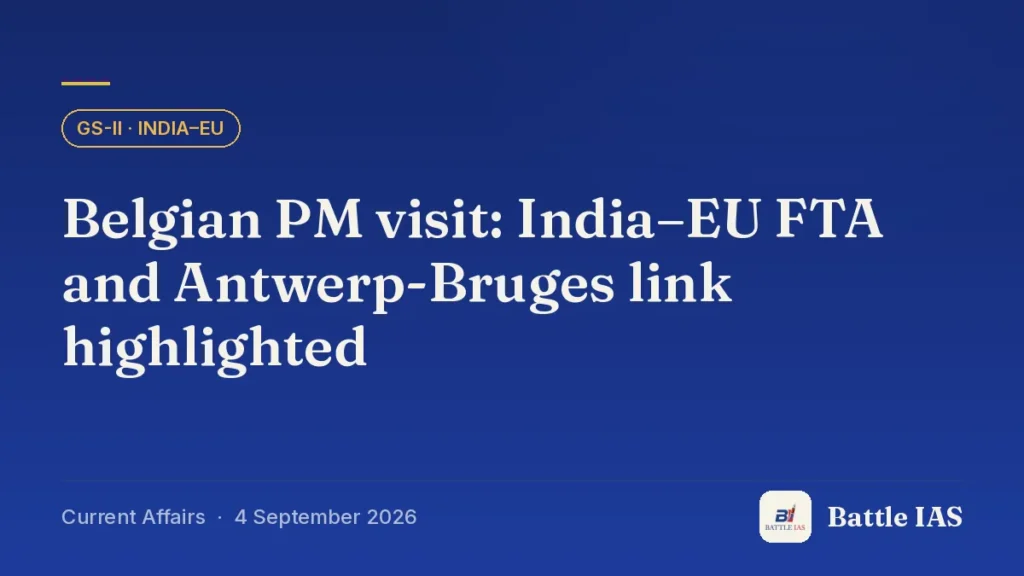 Battle IAS current affairs title card: Belgian PM visit: India–EU FTA and Antwerp-Bruges link highlighted (GS2 · India–EU, 4 September 2026)