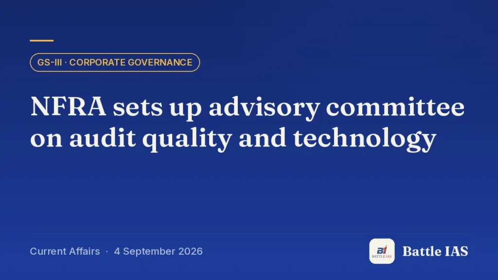 Battle IAS current affairs title card: NFRA sets up advisory committee on audit quality and technology (GS3 · Corporate governance, 4 September 2026)