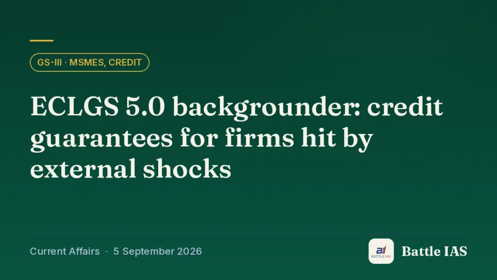 Battle IAS current affairs title card: ECLGS 5.0 backgrounder: credit guarantees for firms hit by external shocks (GS3 · MSMEs, credit, 5 September 2026)