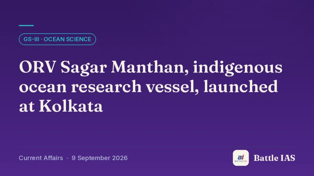 Battle IAS current affairs title card: ORV Sagar Manthan, indigenous ocean research vessel, launched at Kolkata (GS3 · Ocean science, 9 September 2026)