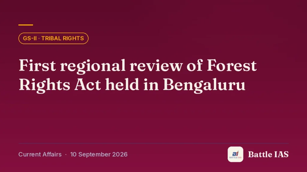 Battle IAS current affairs title card: First regional review of Forest Rights Act held in Bengaluru (GS2 · Tribal rights, 10 September 2026)