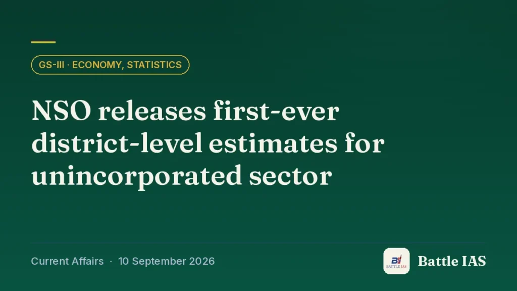 Battle IAS current affairs title card: NSO releases first-ever district-level estimates for unincorporated sector (GS3 · Economy, statistics, 10 September 2026)