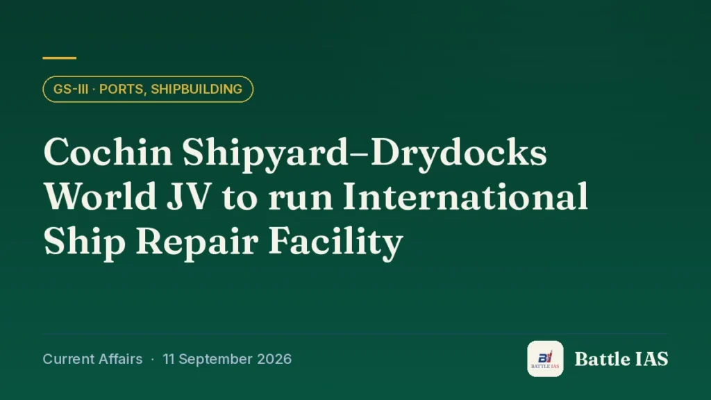 Battle IAS current affairs title card: Cochin Shipyard–Drydocks World JV to run International Ship Repair Facility (GS3 · Ports, shipbuilding, 11 September 2026)