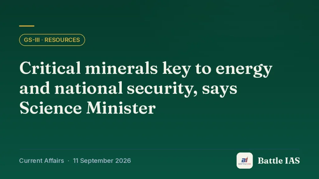 Battle IAS current affairs title card: Critical minerals key to energy and national security, says Science Minister (GS3 · Resources, 11 September 2026)
