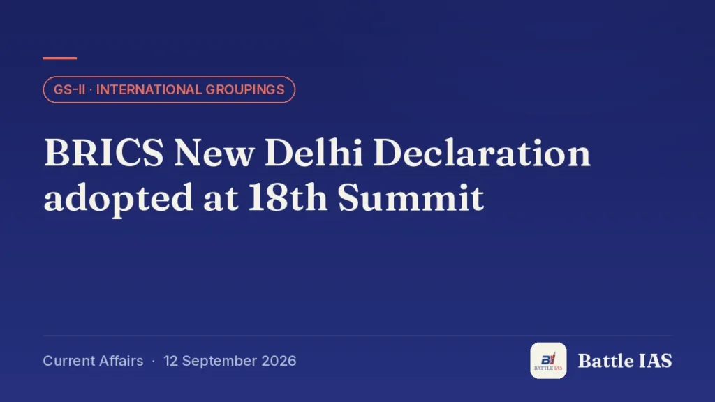Battle IAS current affairs title card: BRICS New Delhi Declaration adopted at 18th Summit (GS2 · International groupings, 12 September 2026)