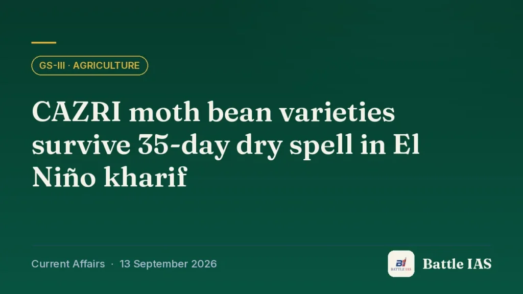 Battle IAS current affairs title card: CAZRI moth bean varieties survive 35-day dry spell in El Niño kharif (GS3 · Agriculture, 13 September 2026)