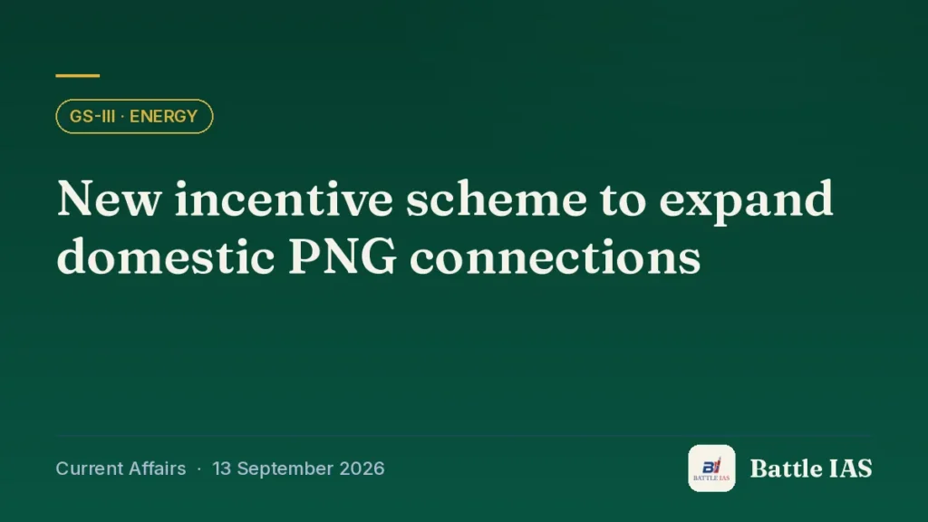 Battle IAS current affairs title card: New incentive scheme to expand domestic PNG connections (GS3 · Energy, 13 September 2026)
