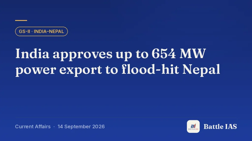 Battle IAS current affairs title card: India approves up to 654 MW power export to flood-hit Nepal (GS2 · India–Nepal, 14 September 2026)